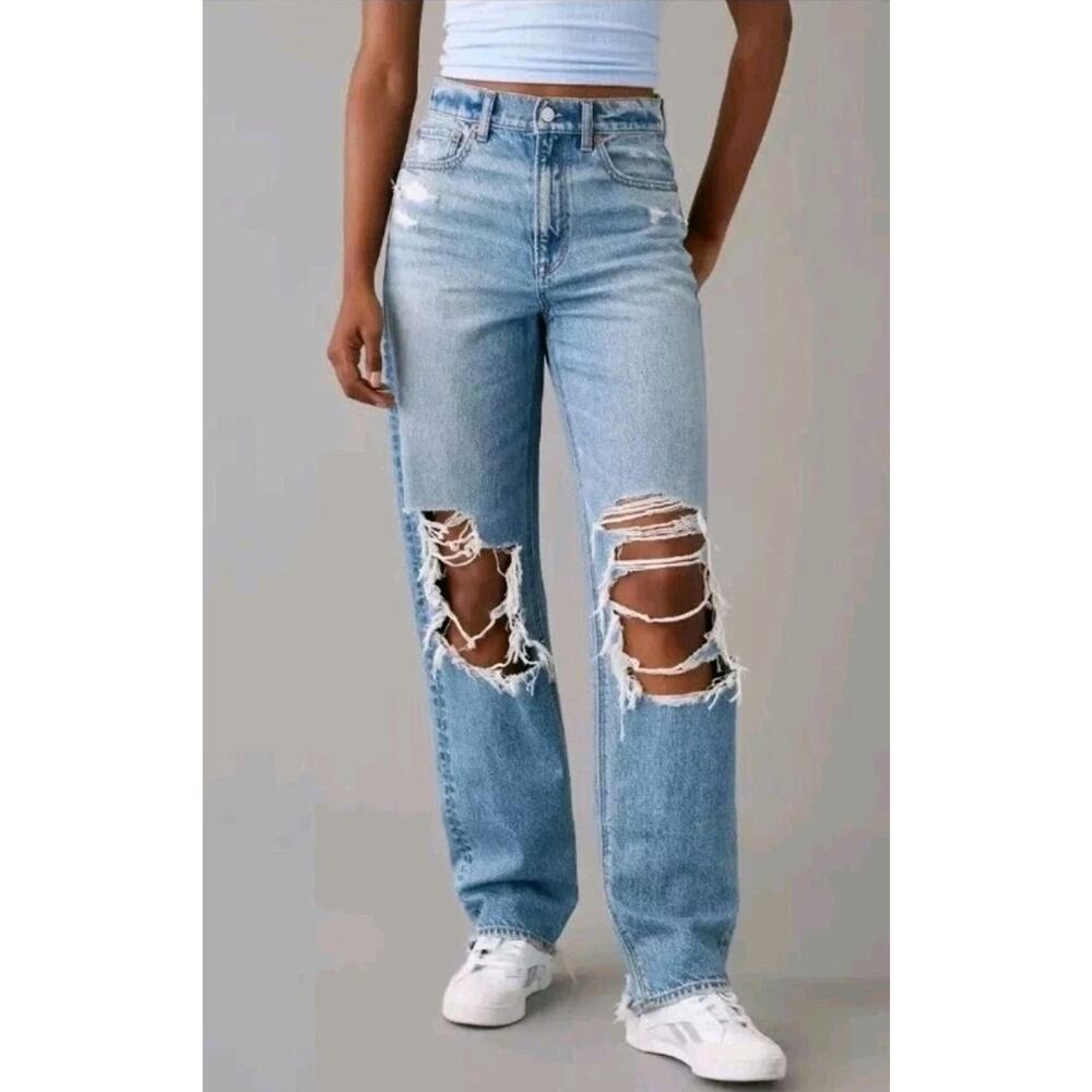 American Eagle Strigid Ripped Highest Rise Baggy Straight Jeans Sz 6 - 29x30.5"